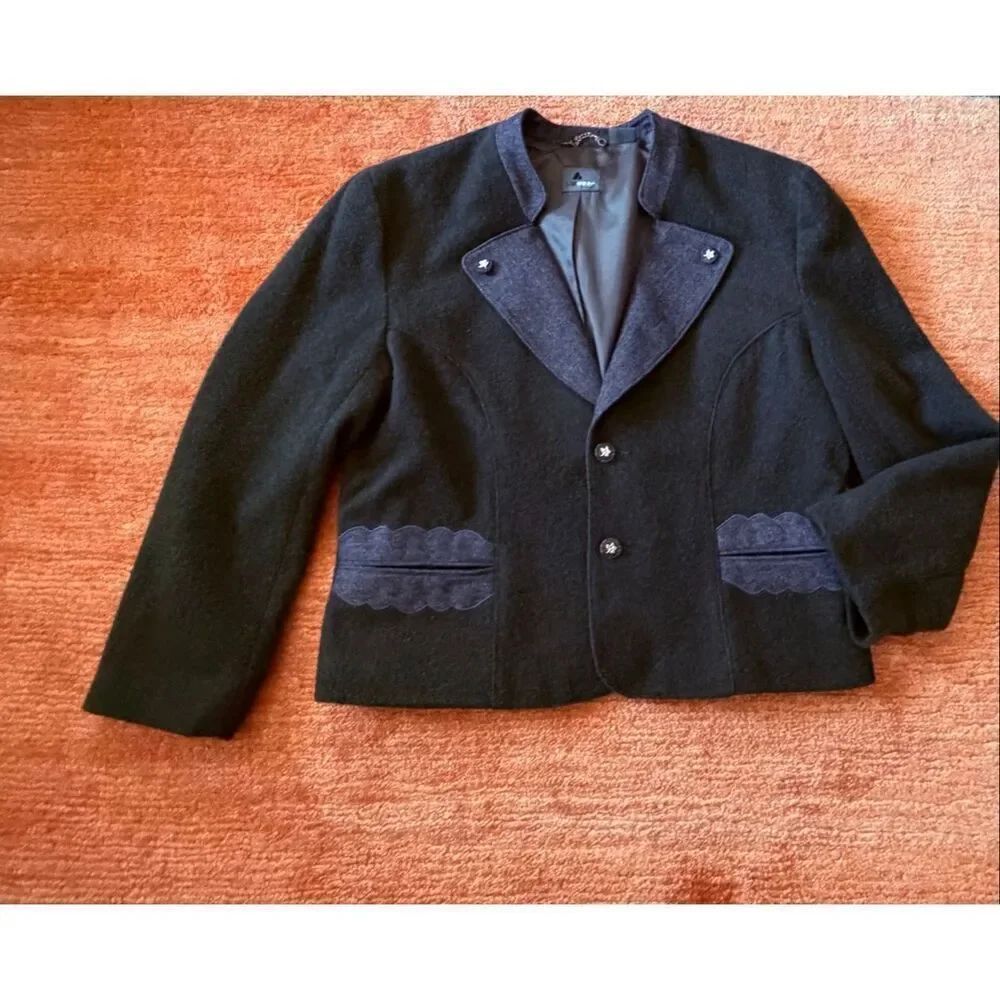 Vintage Liz Claiborne Lizwear Wool Blend Blazer Dark Green Gray Trim Jacket Wome